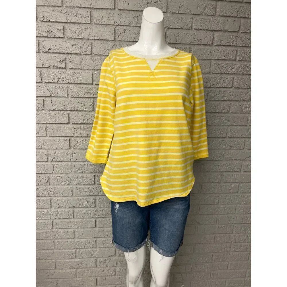 D&Co. Active Women Yellow White Hi-Low Hem Striped T-Shirt Size S